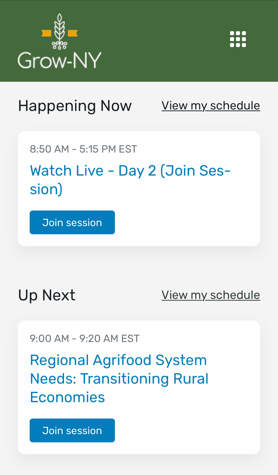 Screenshot of Attendee Hub on mobile showing the sessions for the second day of the Grow-NY Food & Ag Summit