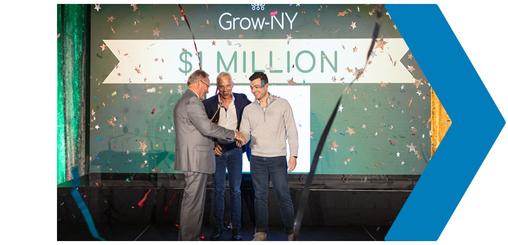 Hypercell Technologies receives the $1 million award at the 2023 Grow-NY Food and Agriculture Competition, and a blue arrow points right
